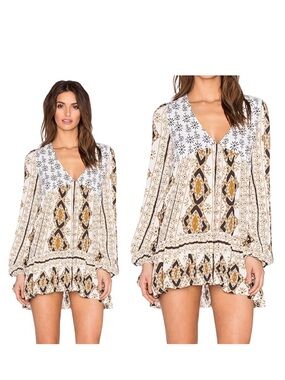 Free People Cream Tunic with Black & Mustard Starburst Print